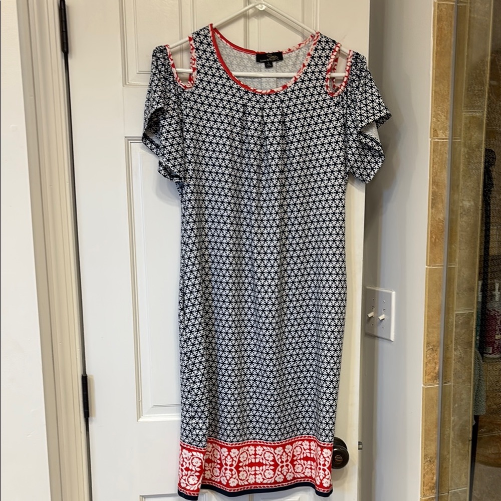 Suzanne Betro Geometric Black and White Midi Dress with Red Trim